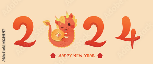 Red Baby Dragon holding a golden coin. 2024 Year of dragon Vector illustration. © CHANG