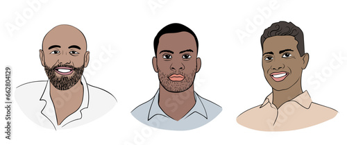 Asians, African-American, Ethiopian. Representative of Central Asia, representative of Africa, representative of Indonesia. Mulattoes. The faces of adult men with a tan.
