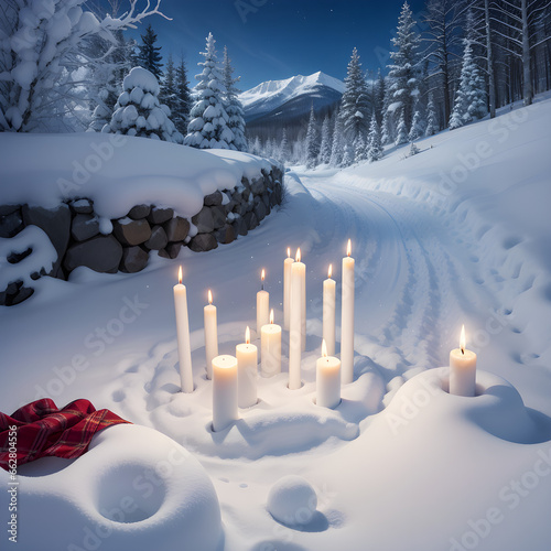 burning candles in the white snow