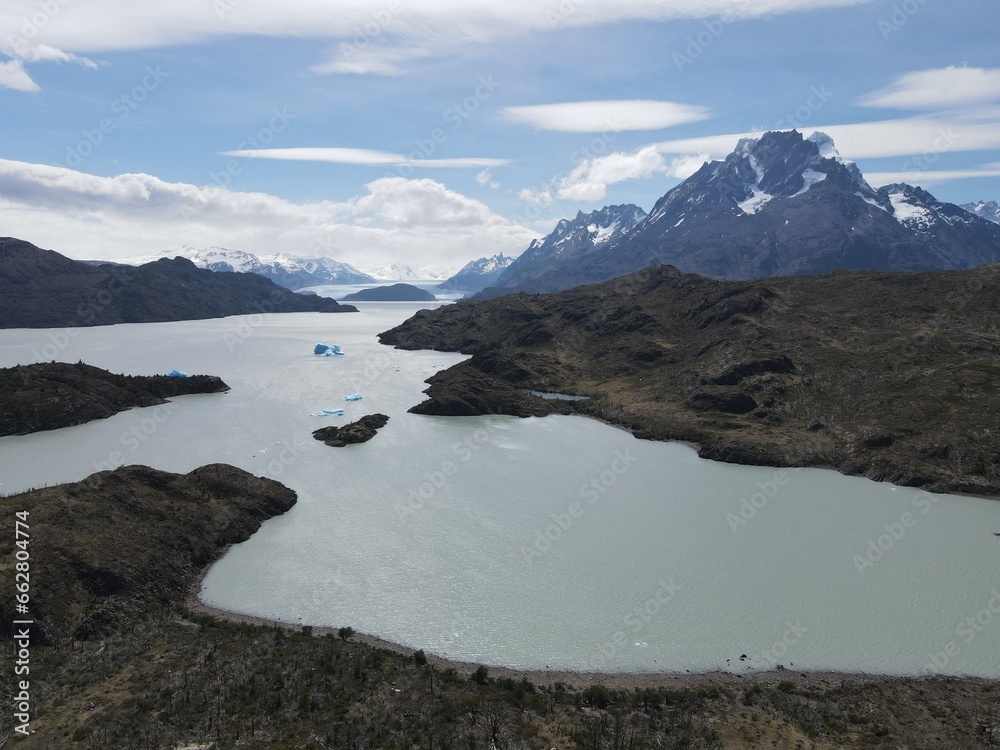 Aerial shot of Torres del Paine mountains in Patagonia, Chile