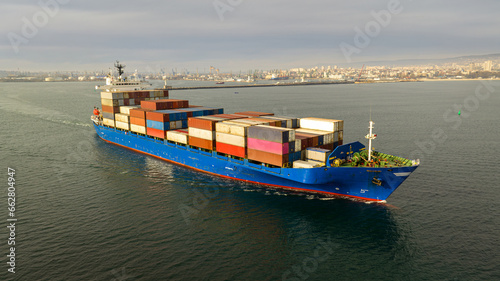 Large container ship at sea. Aerial view of cargo container ship vessel import export container sailing.