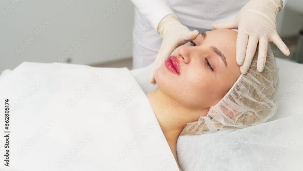 The doctor’s feminine hands touch the patient’s clean and smooth face. A doctor checks the skin of a woman's face before a woman's facial contouring procedure. Rejuvenation and beauty concept. The doctor’s feminine hands touch the patient’s clean and smooth face. A doctor checks the skin of a woman's face before a woman's facial contouring procedure. Rejuvenation and beauty concept.
