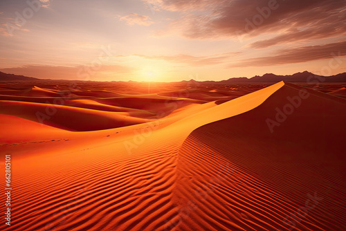 Beautiful wavy colorful sand dunes background, desert landscape under the beautiful sky, Adventure in dream land concept. © TANATPON