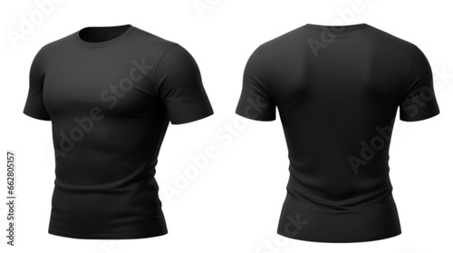 black t shirt front view, back view isolated on white background. Ready for your mock up design template.
