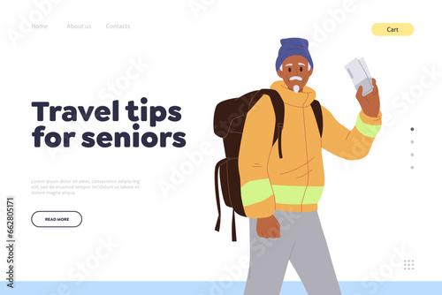 Landing page template offering travel tips for seniors, website with happy elderly tourist design