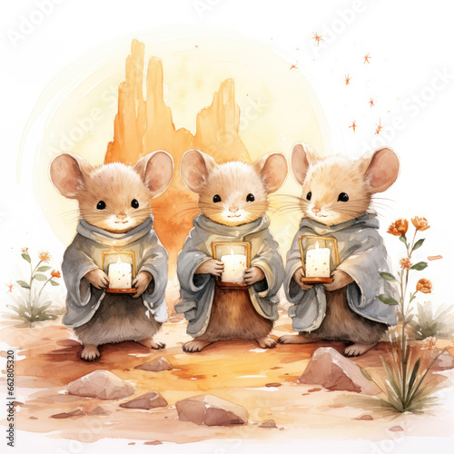 a watercolor illustration of three mice in a desert wearing gray cloaks and holding candles