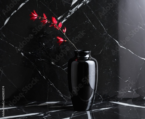 Black ceramic vase table against black marble background