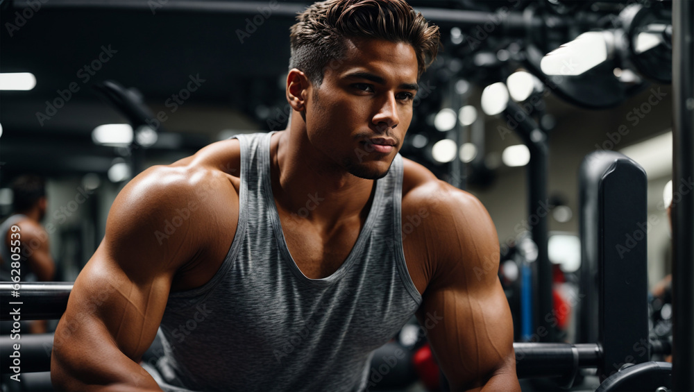An athletic handsome young man posing while sitting on the exercise bench in the gym. An athletic handsome young man posing while sitting on the exercise bench in the gym.