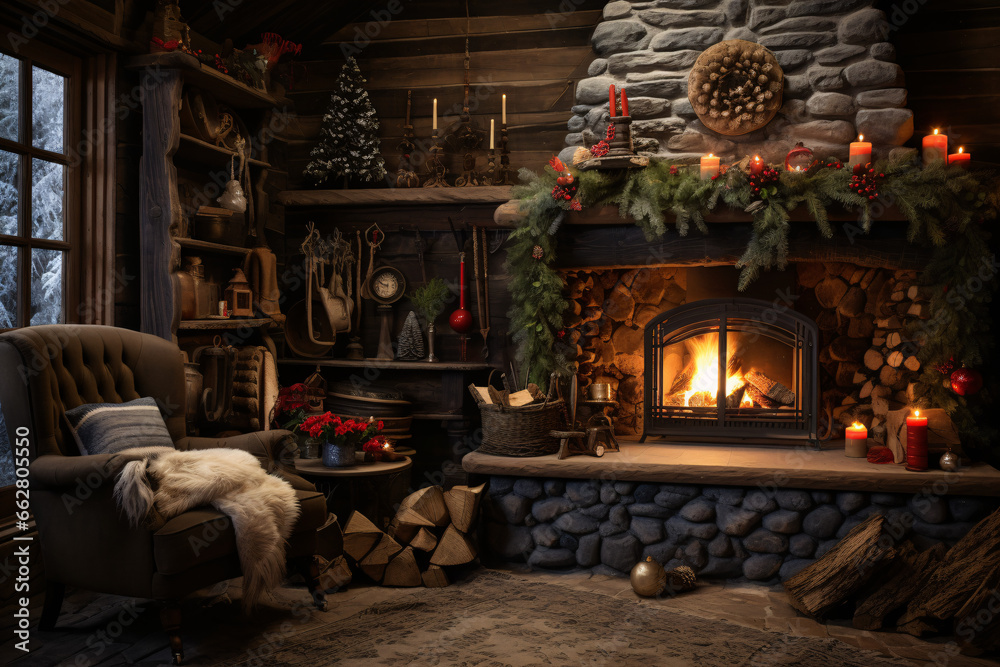 Cozy Rustic Christmas in a Country Cabin with Natural Decorations and a Crackling Fire