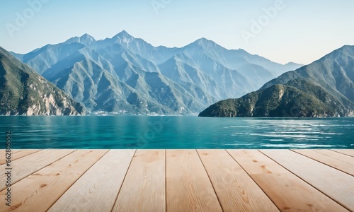 Empty wooden floor for product display montages with sea and mountain background