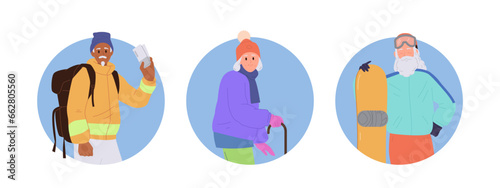Isolated set of round composition with happy retired people enjoying winter sport activities