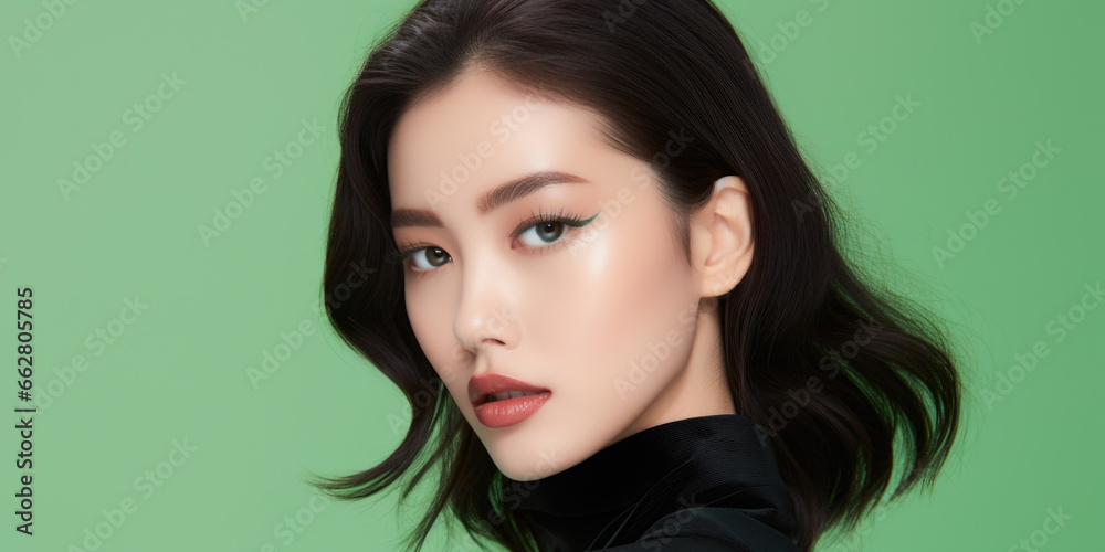 Young asian female Model in front of solid color background. Young asian female Model in front of solid color background.