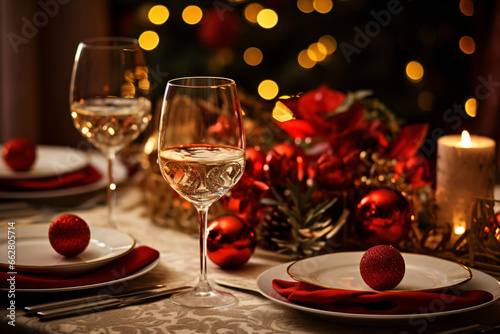 Sophisticated Elegant Christmas Dinner Table Setting with Sparkling Glassware and Soft Candlelight