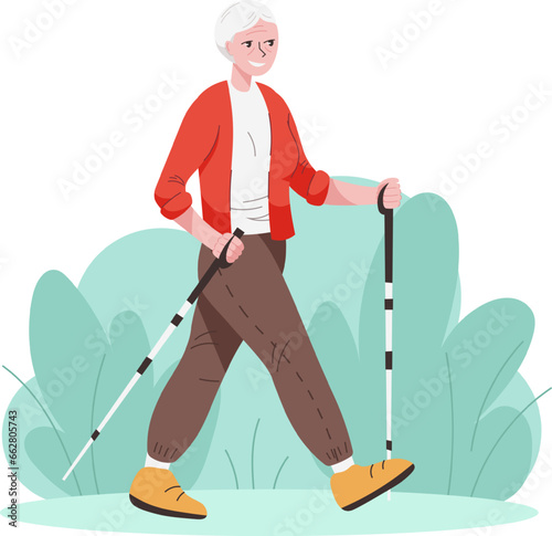 Smiling old woman holds sticks for Nordic walking. Vector illustration with flat people on the theme of sports for seniors, old people