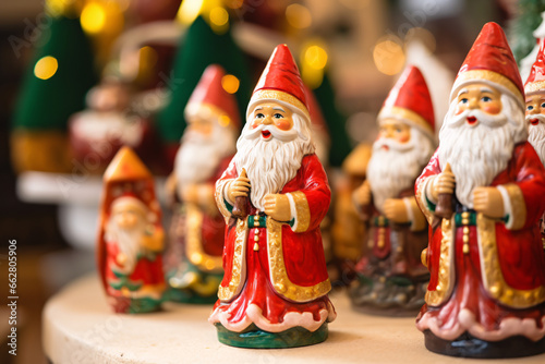 Collection of Santa Claus Figurines Displayed in Vivid Colors, Captured with Selective Focus