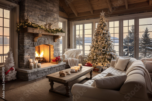 A Cozy Christmas Morning in a Serene Living Room, Featuring a Decorated Tree, Wrapped Gifts, and the Warm Glow of a Fireplace