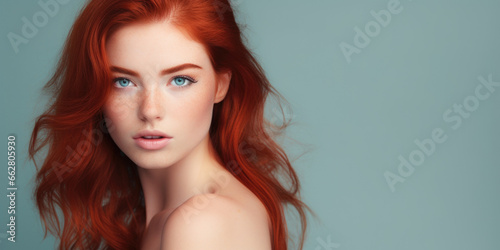 Young Female Redhead model portrait in front of solid color background
