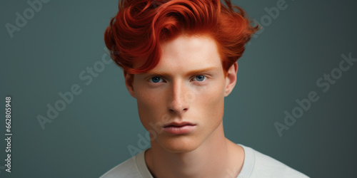Young male Redhead model portrait in front of dark green background