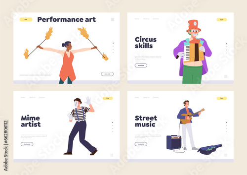 Landing page design template set advertising street public performance of different artist