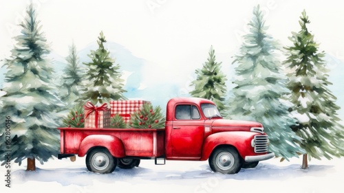 Festive Watercolor Illustration of a Red Buffalo Check Pickup Truck and Snowy Fir Trees for Christmas Cards and Invitations