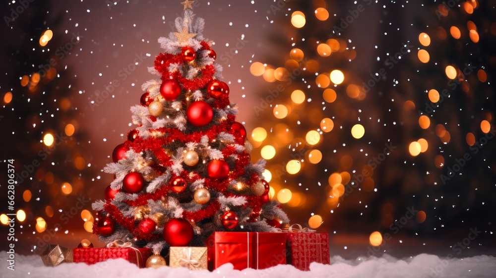 Festive Christmas Tree adorned with Bright Lights and Red Decorations for a picturesque Holiday Celebration Festive Christmas Tree adorned with Bright Lights and Red Decorations for a picturesque Holiday Celebration