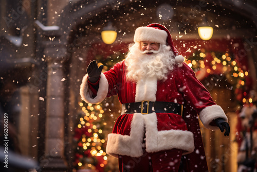 Santa Claus's Majestic Arrival, Stepping Out from a Door Entrance in His Vibrant Iconic Red Suit, Eyes Twinkling with Festive Joy