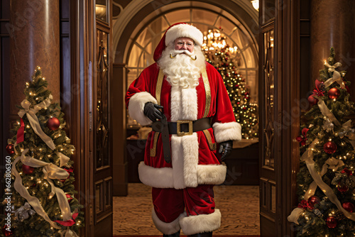 Santa Claus's Majestic Arrival, Stepping Out from a Door Entrance in His Vibrant Iconic Red Suit, Eyes Twinkling with Festive Joy