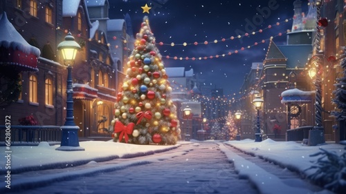 Cheerful cartoon Christmas lights shining bright in the snowy winter night of the city, spreading holiday joy.