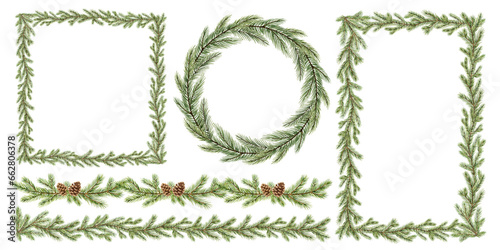 Christmas greenery fir branches frame set. Borders for holiday greeting card and invitation. Watercolor hand painted illustration. Xmas template.
