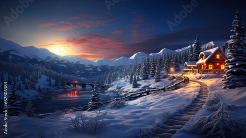 Magical Winter Wonderland: Stunning Digital Illustration of a Fabulous Christmas Landscape and Beautiful Snow-Covered Trees in an Enchanting Evening Scenery © bazusa