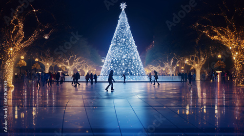 Ice Skaters Glide Beneath a Radiant Christmas Tree Amidst the Crisp Winter Air and Starry Night, Realistic Reflections on Ice