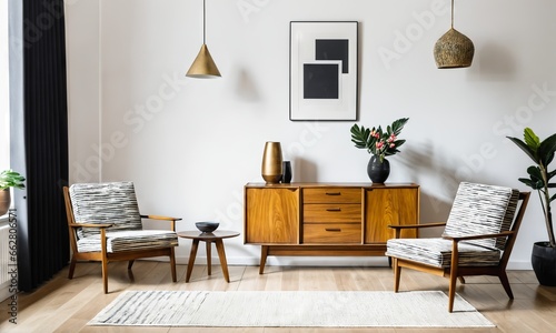 Stylish wooden chair and armchair with a sideboard in a modern living room