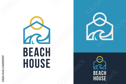 Creative House Home with Wave Beach Ocean Sea and Sun Sunset Logo Design Branding Template