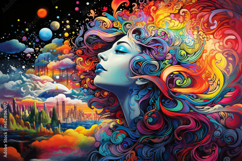 Psychedelic Dream: A Face Amidst Swirling, Vibrant Ornaments Soaring Through a Hallucinogenic Fantasy