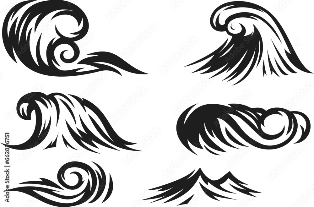 Set water waves different form. Design elements in simple flat style. Ocean, sea or river storm tides. Collection vector illustration for print. Set water waves different form. Design elements in simple flat style. Ocean, sea or river storm tides. Collection vector illustration for print.
