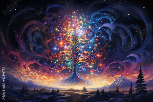 Psychedelic Celestial Tree Illuminated by Prismatic Lights, Swirling Ornaments, and Kaleidoscopic Snowfall, Displaying Fractal Festivity and Entropic Energy, Brilliantly Contrasting the Cosmic Night