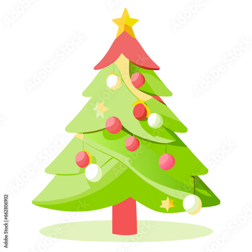 chirstmas tree polygonal cute Simple New year decorated with light start red and golden ball design Vector Illustration