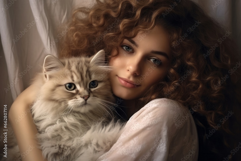 Young animal person cute beauty kitten women female caucasian pet lovely cat domestic