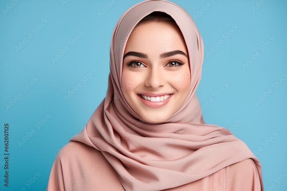 the woman wearing the hijab is smiling happily. isolated on blue background the woman wearing the hijab is smiling happily. isolated on blue background