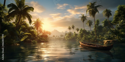 A boat on a river with palm trees in the background.
