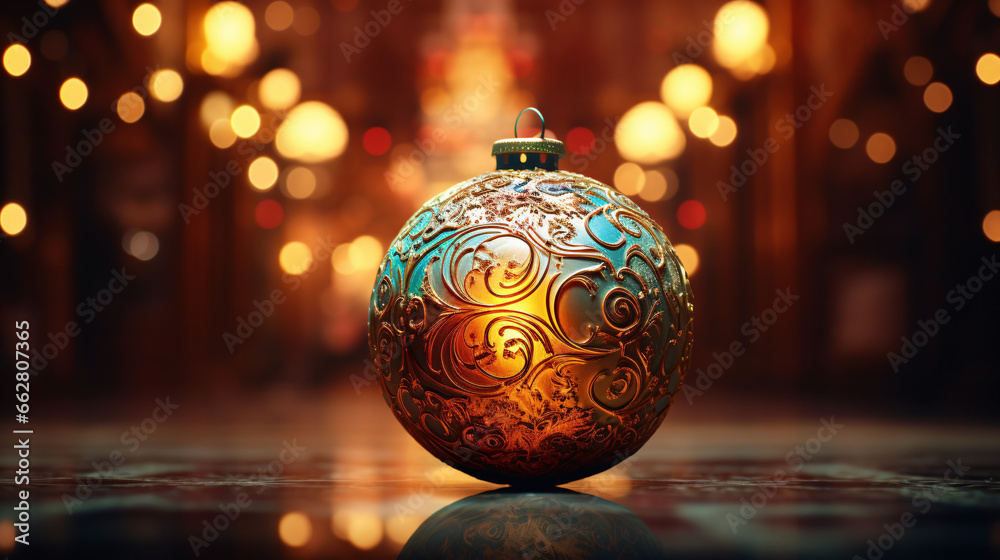 Close-up of a shimmering Christmas tree ball with intricate patterns, reflecting colorful lights and a festive ambiance, featuring a glossy surface and radiant glow. Close-up of a shimmering Christmas tree ball with intricate patterns, reflecting colorful lights and a festive ambiance, featuring a glossy surface and radiant glow.