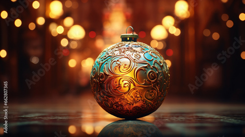 Close-up of a shimmering Christmas tree ball with intricate patterns, reflecting colorful lights and a festive ambiance, featuring a glossy surface and radiant glow.
