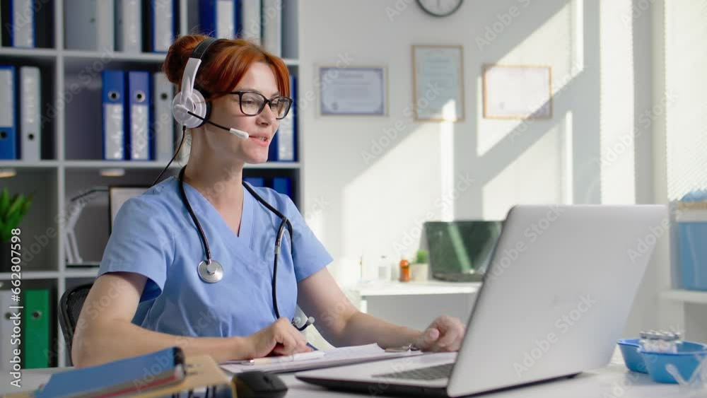 online medicine, a young female doctor communicates via video conference on laptop using a headset, tells the test results while sitting in a hospital office online medicine, a young female doctor communicates via video conference on laptop using a headset, tells the test results while sitting in a hospital office