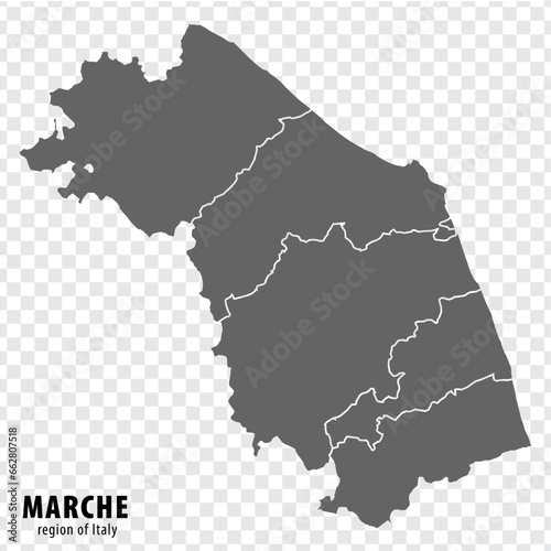 Blank map Marche of Italy. High quality map Region Marche with municipalities on transparent background for your web site design, logo, app, UI. EPS10.