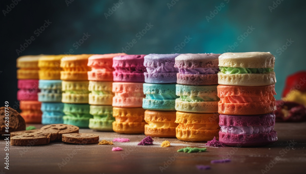 Multi colored cookie stack, gourmet indulgence, chocolate variation, refreshing drink generated by AI Multi colored cookie stack, gourmet indulgence, chocolate variation, refreshing drink generated by AI