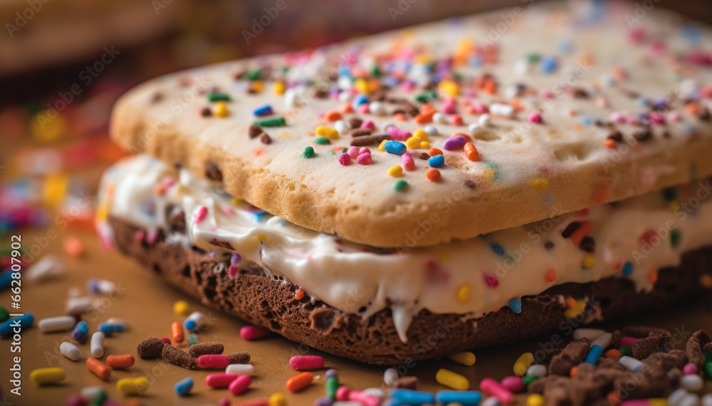 Multi colored gourmet cookies with chocolate icing and candy decoration generated by AI Multi colored gourmet cookies with chocolate icing and candy decoration generated by AI