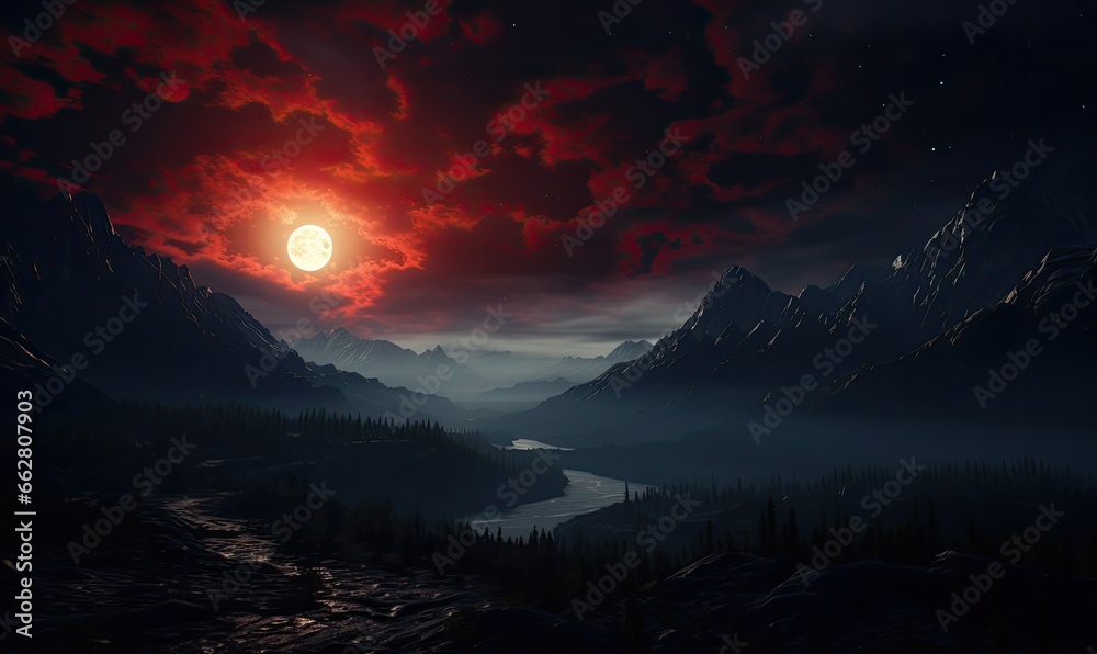 Photo of a stunning red and black sunset casting a dramatic glow over majestic mountain peaks