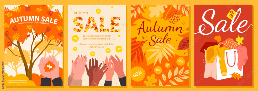 Autumn sales set vector illustration. Cartoon advertising banners and flyers with fall leaves pattern, hands holding leaf and clap special discount offer, shopping bag and percentage tag, Sale text