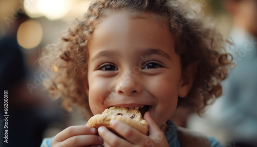 Smiling child holding cookie  enjoying sweet food and happiness generated by AI