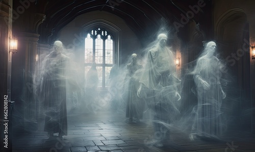 Ghostly figures standing in front of a window, creating an eerie and mysterious atmosphere